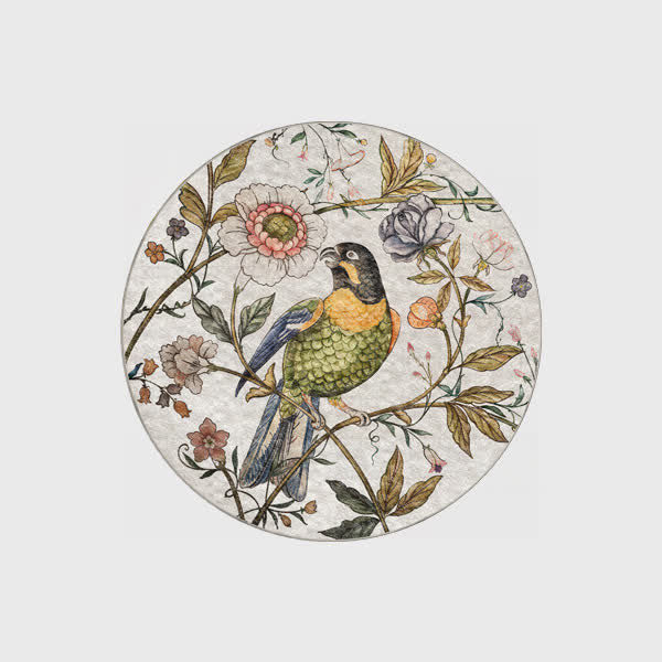 Tapis rond d'intérieur et d'extérieur avec motif oiseau fleuri
