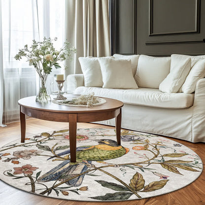 Tapis rond d'intérieur et d'extérieur avec motif oiseau fleuri