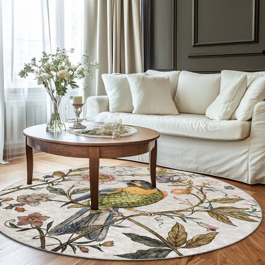 Tapis rond d'intérieur et d'extérieur avec motif oiseau fleuri