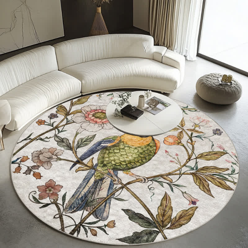 Tapis rond d'intérieur et d'extérieur avec motif oiseau fleuri