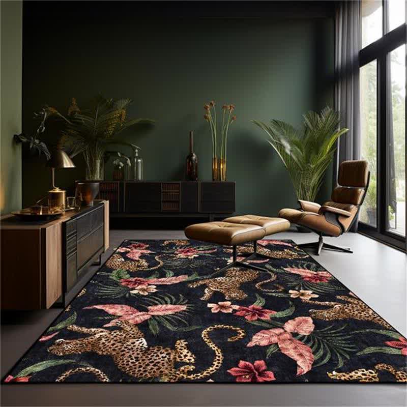 Tapis antidérapant lavable à imprimé léopard tropical