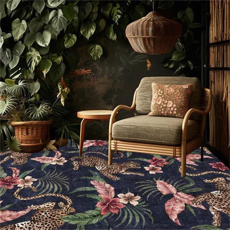Tapis antidérapant lavable à imprimé léopard tropical