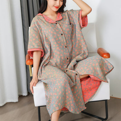 Élégante chemise de nuit longue en gaze de coton à motif floral
