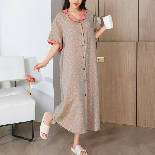 Élégante chemise de nuit longue en gaze de coton à motif floral