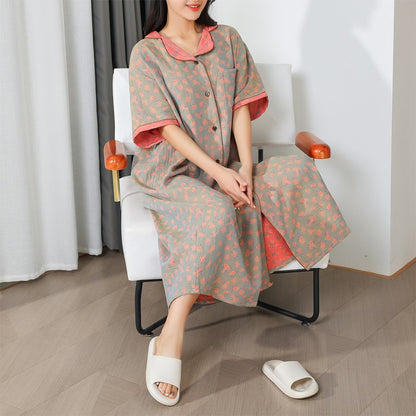 Élégante chemise de nuit longue en gaze de coton à motif floral