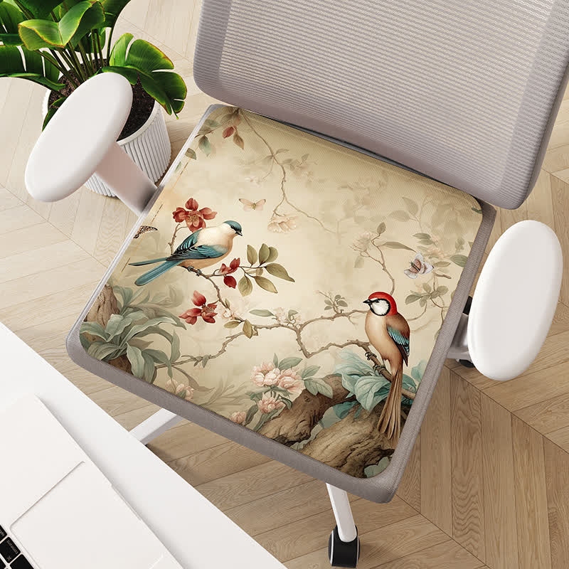 Coussin de chaise respirant et antidérapant avec motif de fleurs et d'oiseaux