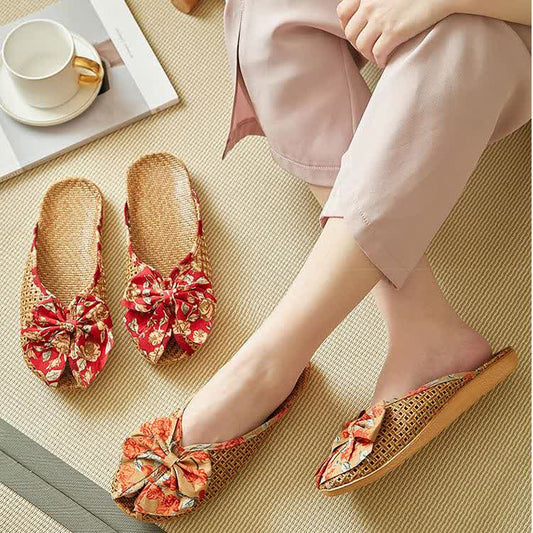 Chaussons en lin tissé avec nœud en rotin