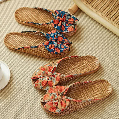 Chaussons en lin tissé avec nœud en rotin