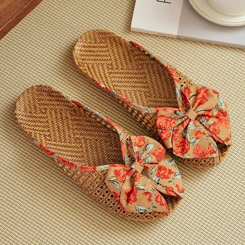 Chaussons en lin tissé avec nœud en rotin