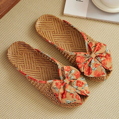 Chaussons en lin tissé avec nœud en rotin