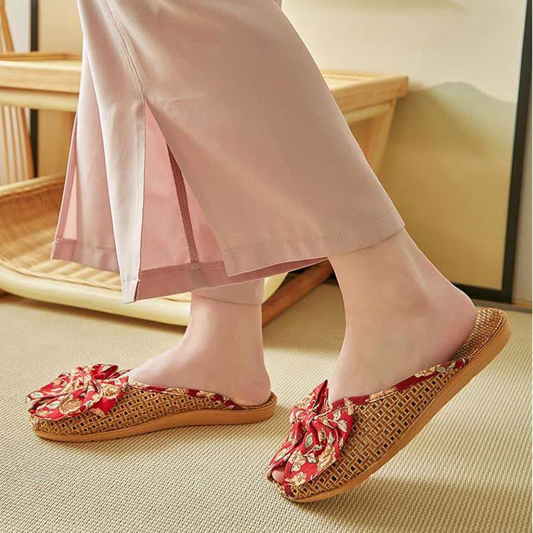 Chaussons en lin tissé avec nœud en rotin