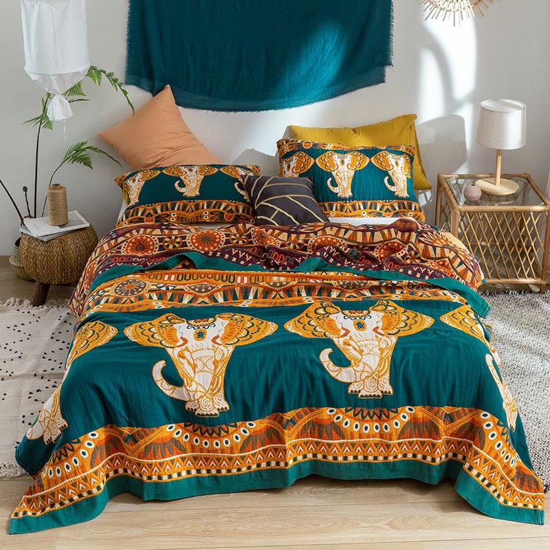 Couette d'été réversible en coton à motif éléphant Ownkoti