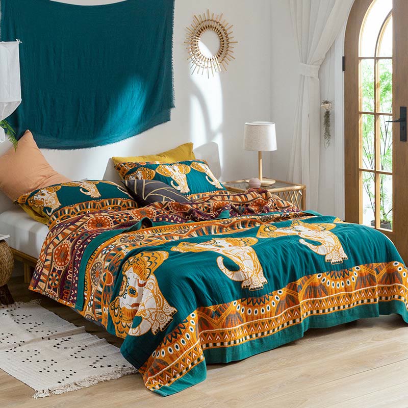 Couette d'été réversible en coton à motif éléphant Ownkoti