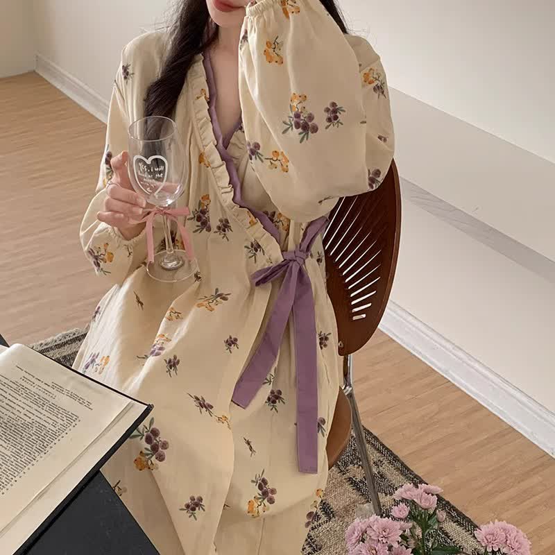 Chemise de nuit longue, douce et champêtre avec col en V