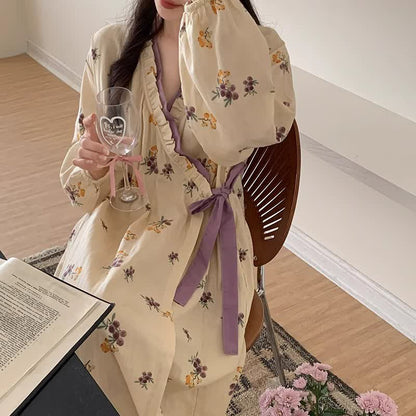 Chemise de nuit longue, douce et champêtre avec col en V
