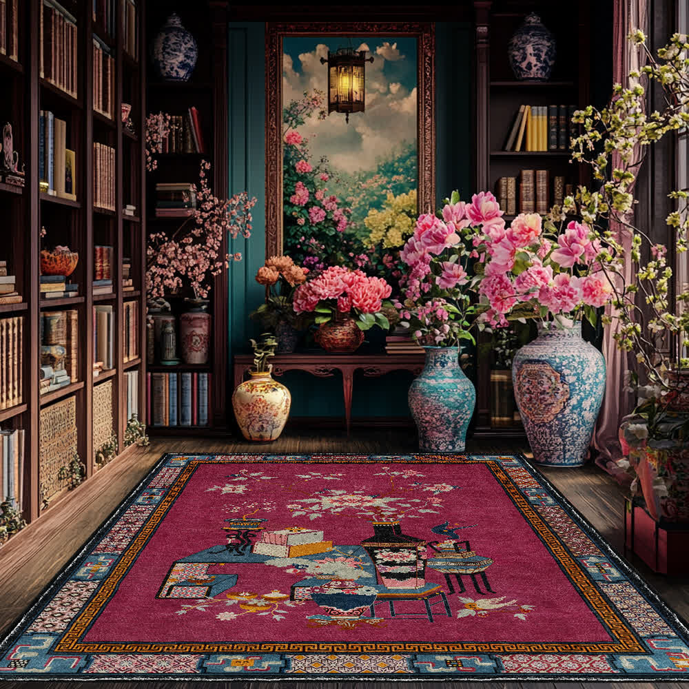 Tapis élégant, antidérapant et lavable avec vase à fleurs