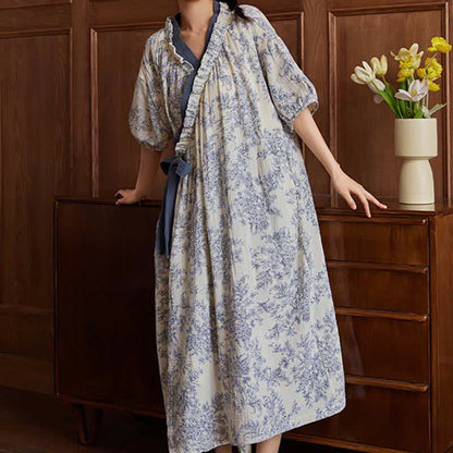Chemise de nuit rembourrée de style campagnard avec ceinture à nouer et poche