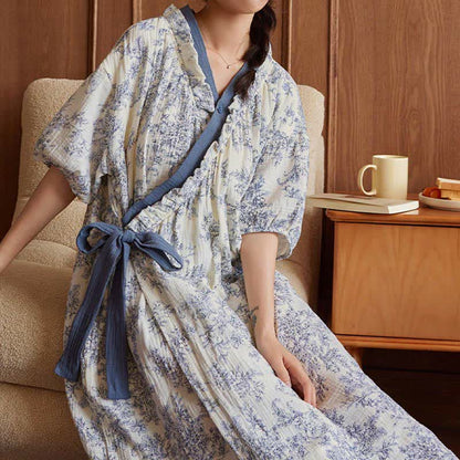 Chemise de nuit rembourrée de style campagnard avec ceinture à nouer et poche