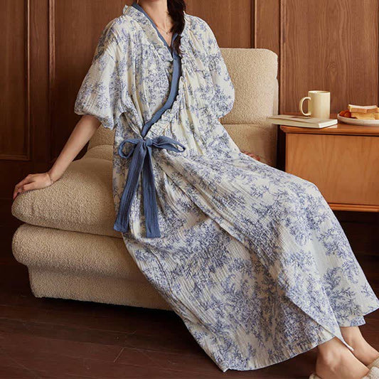 Chemise de nuit rembourrée de style campagnard avec ceinture à nouer et poche