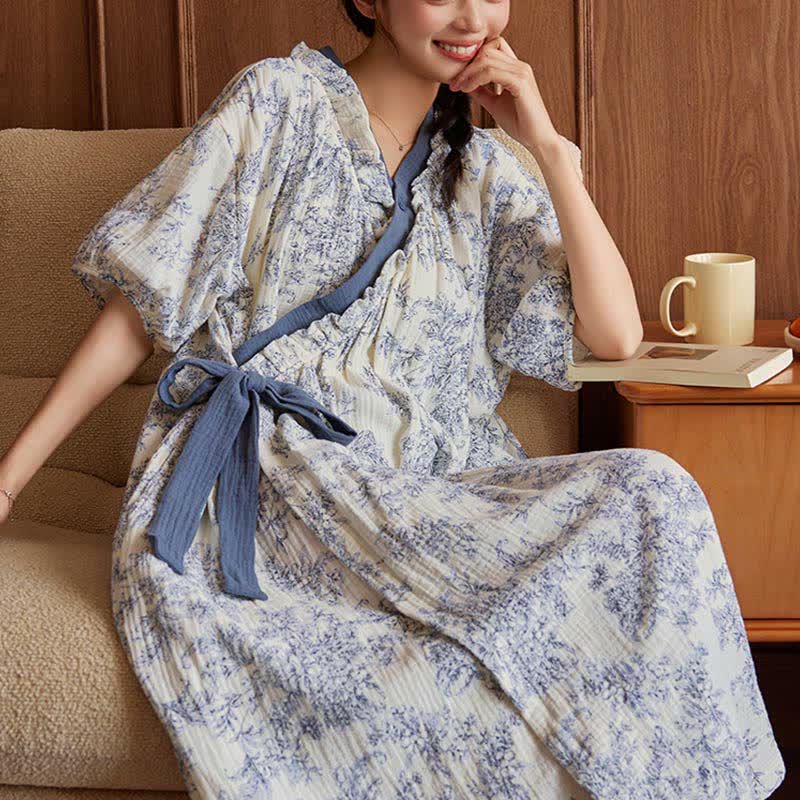 Chemise de nuit rembourrée de style campagnard avec ceinture à nouer et poche