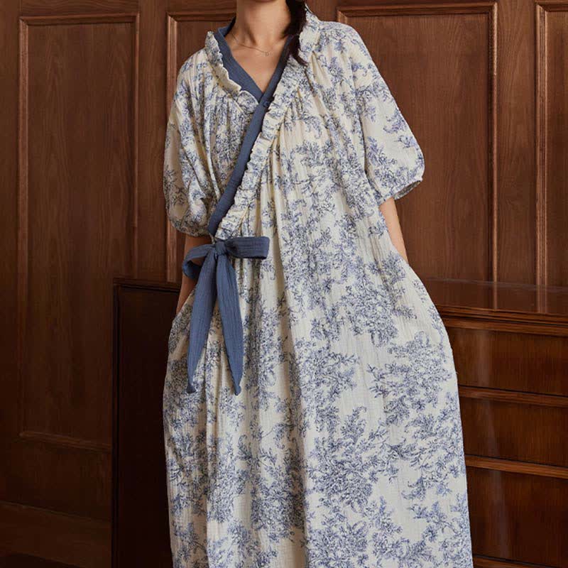 Chemise de nuit rembourrée de style campagnard avec ceinture à nouer et poche