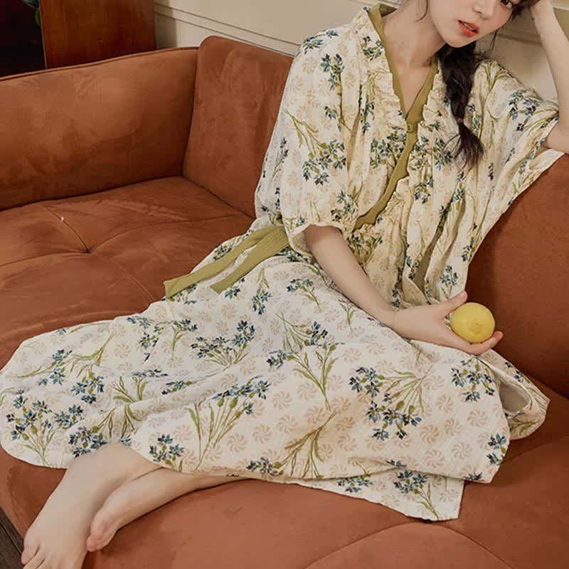 Chemise de nuit pastorale, rembourrée, à manches courtes, avec lien au dos et poche