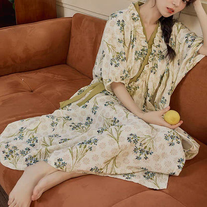 Chemise de nuit pastorale, rembourrée, à manches courtes, avec lien au dos et poche
