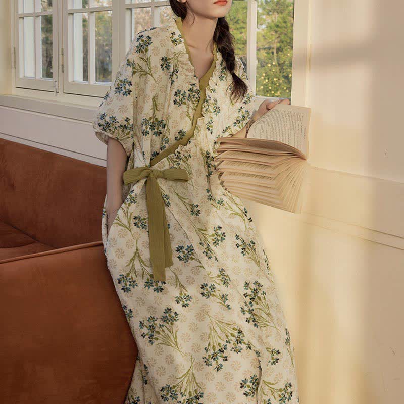 Chemise de nuit pastorale, rembourrée, à manches courtes, avec lien au dos et poche