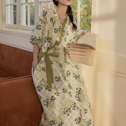 Chemise de nuit pastorale, rembourrée, à manches courtes, avec lien au dos et poche