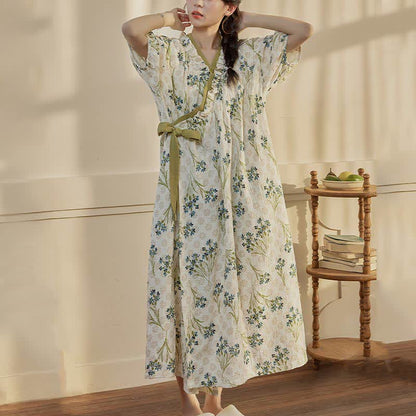 Chemise de nuit pastorale, rembourrée, à manches courtes, avec lien au dos et poche