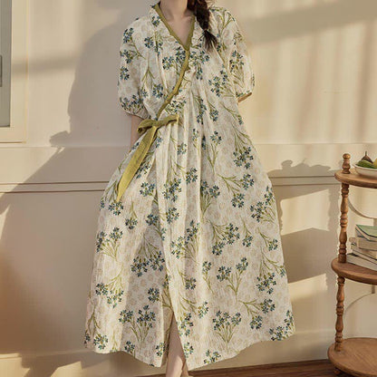Chemise de nuit pastorale, rembourrée, à manches courtes, avec lien au dos et poche