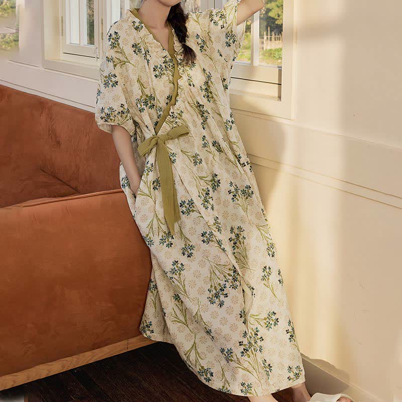 Chemise de nuit pastorale, rembourrée, à manches courtes, avec lien au dos et poche