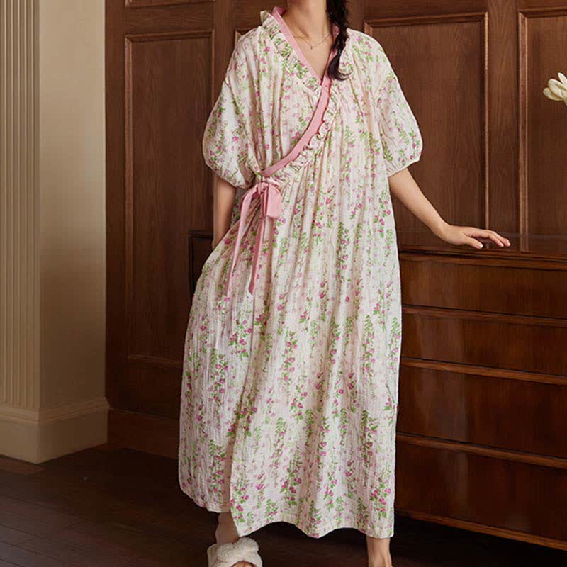 Chemise de nuit élégante à motif floral avec lien au dos et poche