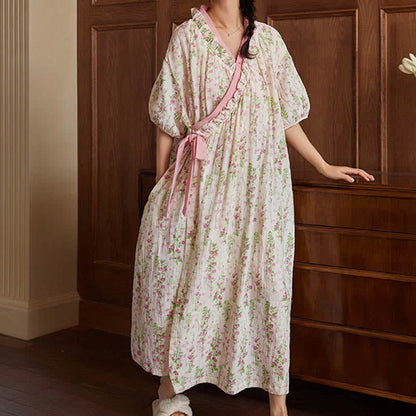 Chemise de nuit élégante à motif floral avec lien au dos et poche