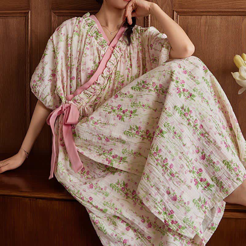 Chemise de nuit élégante à motif floral avec lien au dos et poche