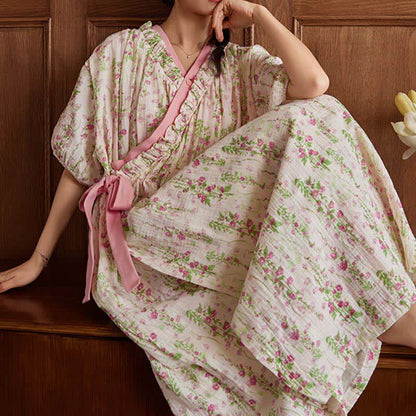 Chemise de nuit élégante à motif floral avec lien au dos et poche