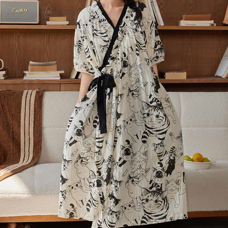 Chemise de nuit rembourrée de style campagnard avec ceinture à nouer et poche