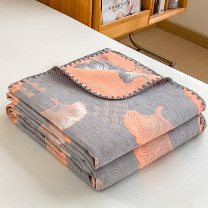 Couette réversible en gaze de coton avec feuilles de ginkgo
