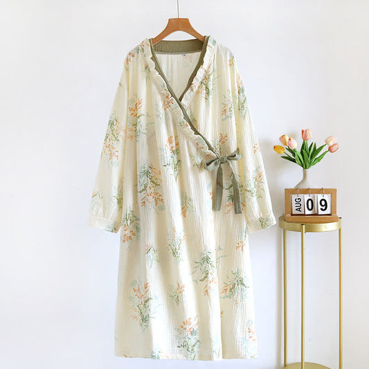 Chemise de nuit à manches longues en gaze de coton végétal avec poche