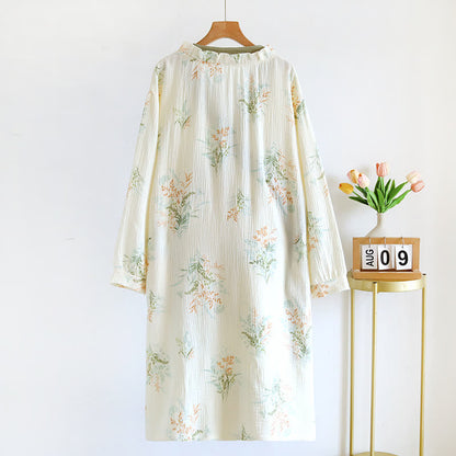 Chemise de nuit à manches longues en gaze de coton végétal avec poche