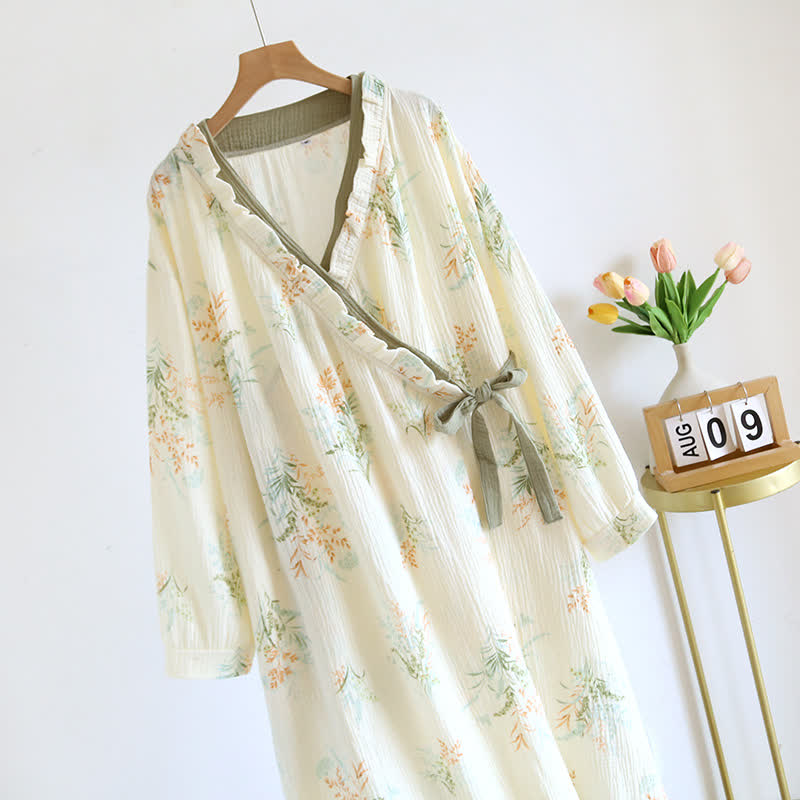 Chemise de nuit à manches longues en gaze de coton végétal avec poche