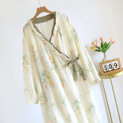 Chemise de nuit à manches longues en gaze de coton végétal avec poche