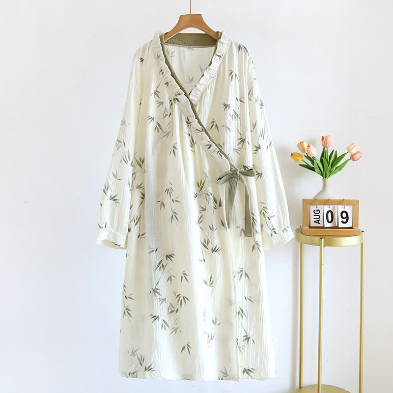 Chemise de nuit à manches longues en gaze de coton bambou avec poche