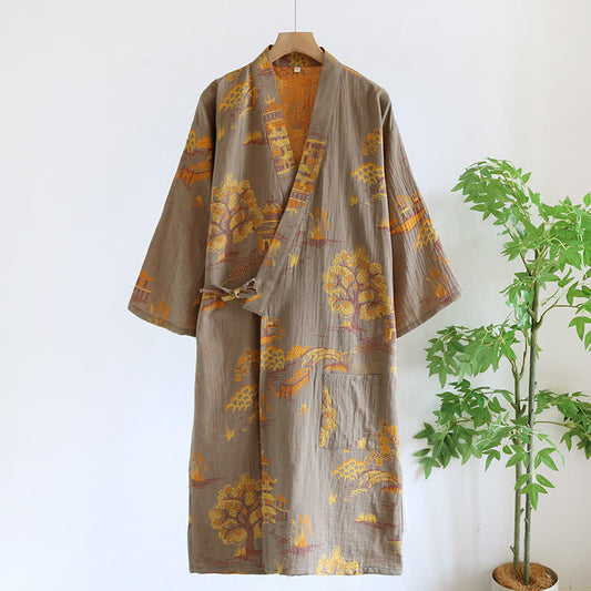 Peignoir kimono vintage en coton jacquard teint en fil de coton