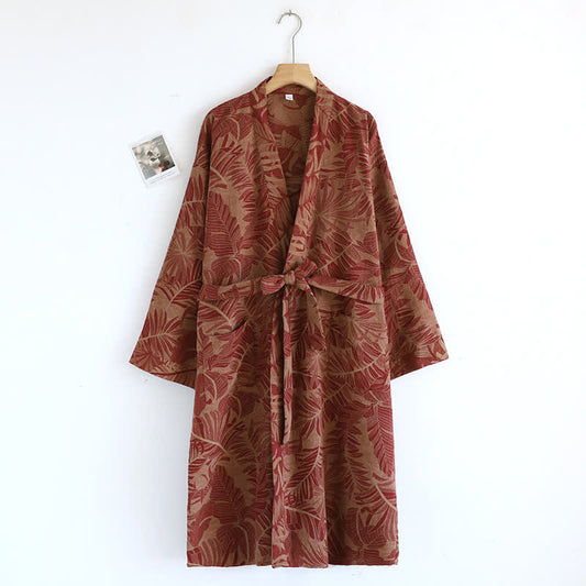 Peignoir vintage en coton jacquard teint en fil avec motif feuilles