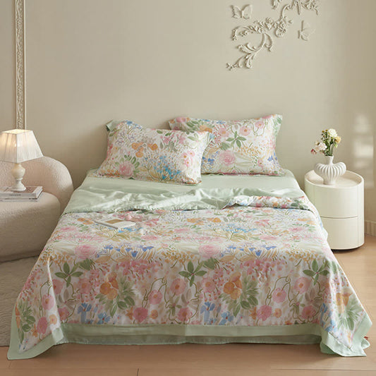 Parure de lit d'été élégante à motif floral (4 pièces)