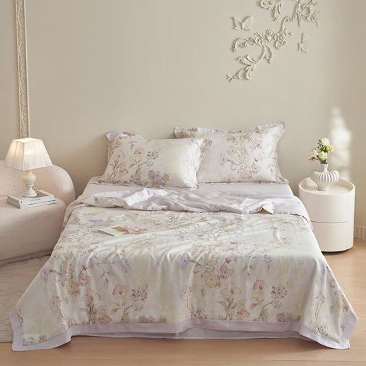 Parure de lit d'été douce avec motif floral frais (4 pièces)