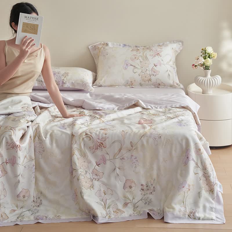Parure de lit d'été douce avec motif floral frais (4 pièces)
