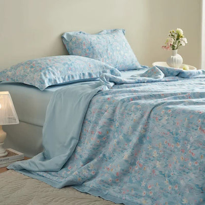 Parure de lit florale d'été bleu pastoral (4 pièces)