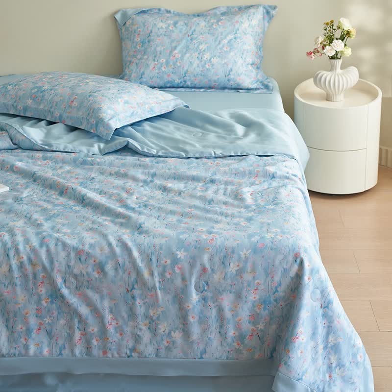 Parure de lit florale d'été bleu pastoral (4 pièces)